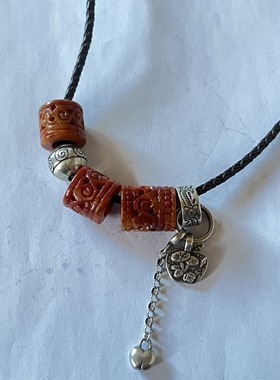 新中式国风原创天然红翡翠复古桶珠老银珠皮绳项链锁骨链毛衣链