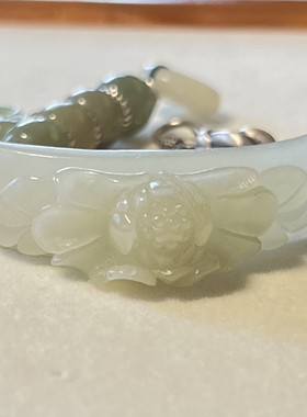 新中式国风原创天然和田玉花牌手牌珠串老银手串手链女款