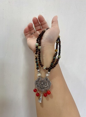 新中式国风原创设计天然翡翠老料珠串复古老银锁牌吊坠项链毛衣链