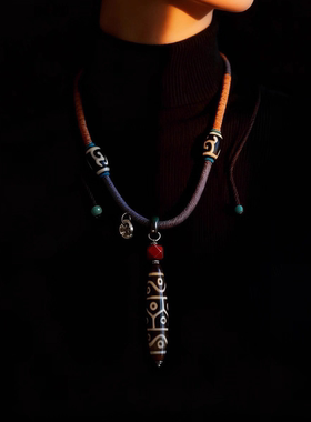 原创设计藏式手工编绳天然天珠玛瑙吊坠项链锁骨链毛衣链