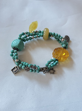 新中式国风原创设计天然蜜蜡绿松石蜜蜡珠串纯银手链手串