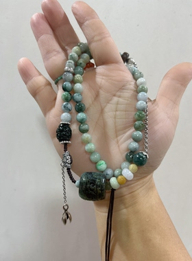 新中式国风原创天然翡翠桶珠珠串沉香老银多宝项链锁骨链毛衣链