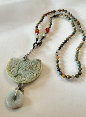 新中式国风原创天然翡翠复古锁牌平安扣珠串老银项链锁骨链毛衣链