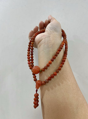 新中式国风原创设计天然南红玛瑙巧家包浆料108颗多圈手串项链