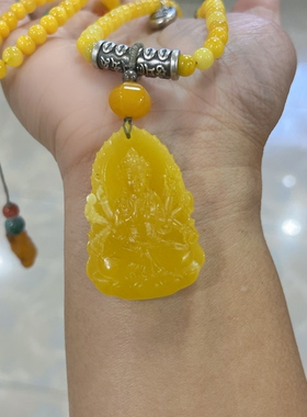 新中式国风原创天然原矿鸡油黄蜜蜡观音吊坠珠串老银项链毛衣链