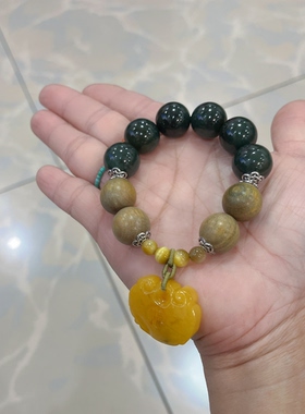 新中式国风原创设计天然和田玉青玉绿檀木蜜蜡锁牌大珠手串手链