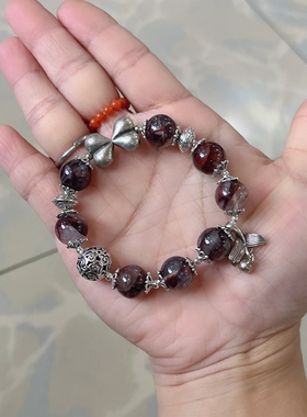 新中式国风原创设计天然牛血胶花水晶老银复古小众手串手链