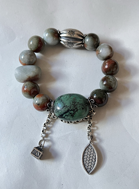 新中式国风原创设计天然翡翠珠串绿松石复古老银链万能扣手串手链