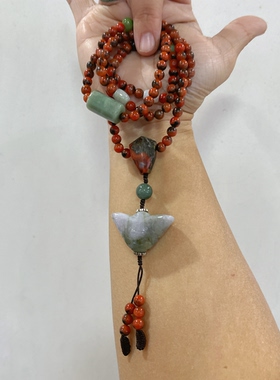 原创设计天然保山南红铁皮包浆108颗翡翠桶珠串珠念珠长款毛衣链