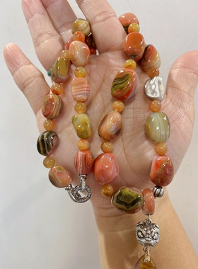 新中式国风原创设计天然南红大山包包浆随型鸡油黄水滴吊坠项链