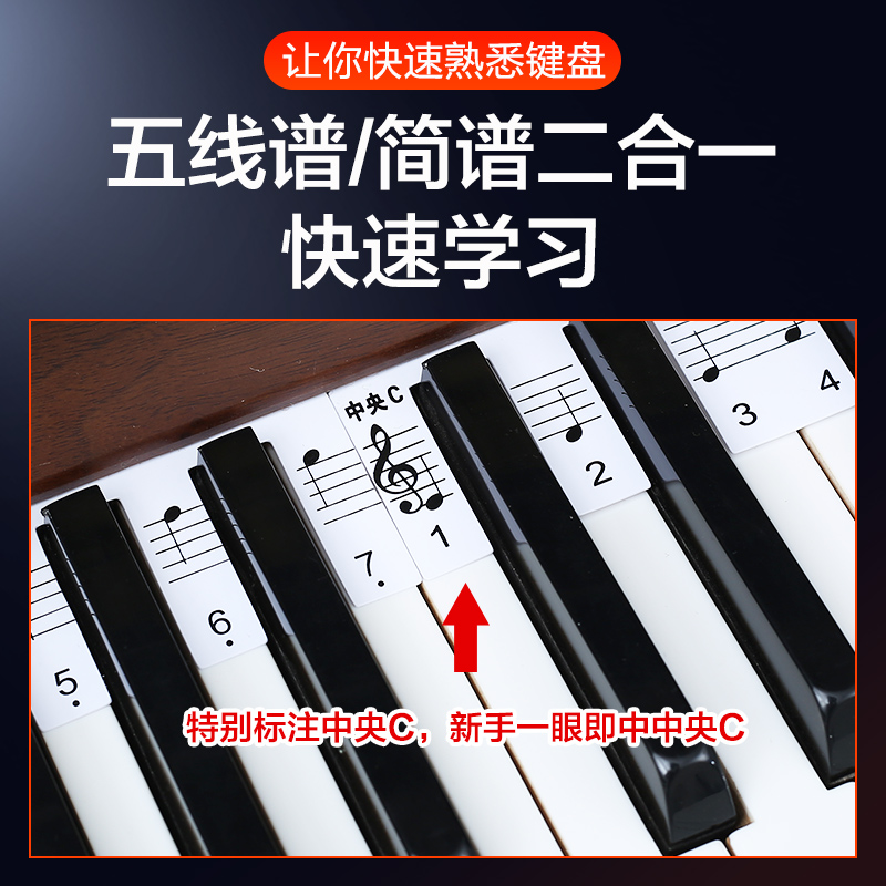 钢琴键盘贴纸电子琴音标贴88键61键五线谱简谱琴键贴免粘贴音符条 - 图0