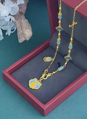 古法烧蓝蓝色如意套链新中式国潮珐琅彩工艺小众沙金锁骨链
