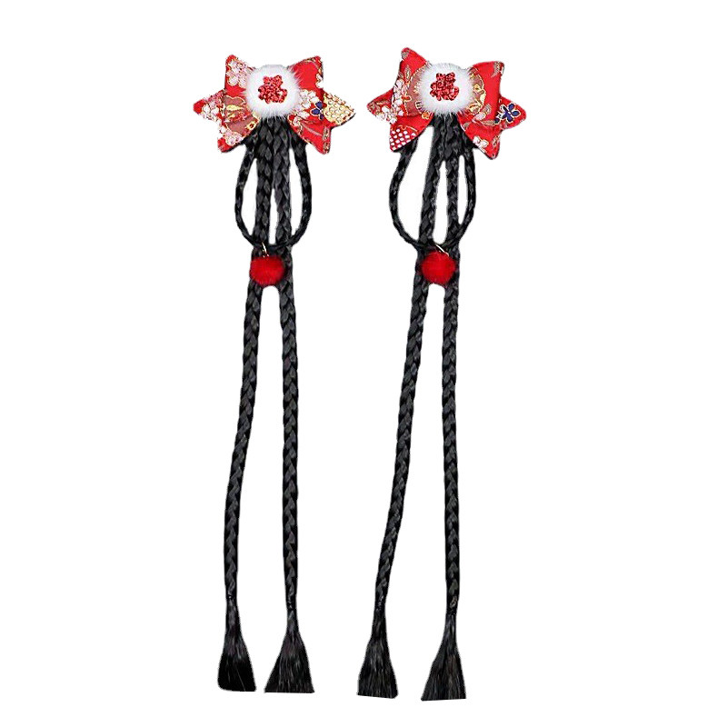 喜庆头花发饰女童汉服头饰女孩中国风儿童假发辫子红色蝴蝶结发夹,淘宝优惠券,粉丝福利购,淘宝优惠卷