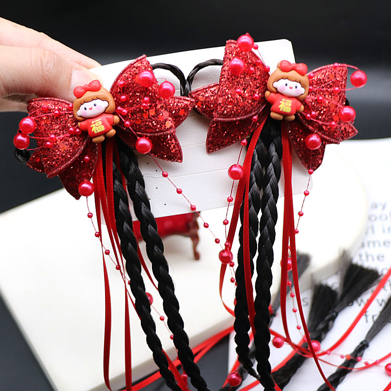 喜庆头花发饰女童汉服头饰女孩中国风儿童假发辫子红色蝴蝶结发夹,淘宝优惠券,粉丝福利购,淘宝优惠卷