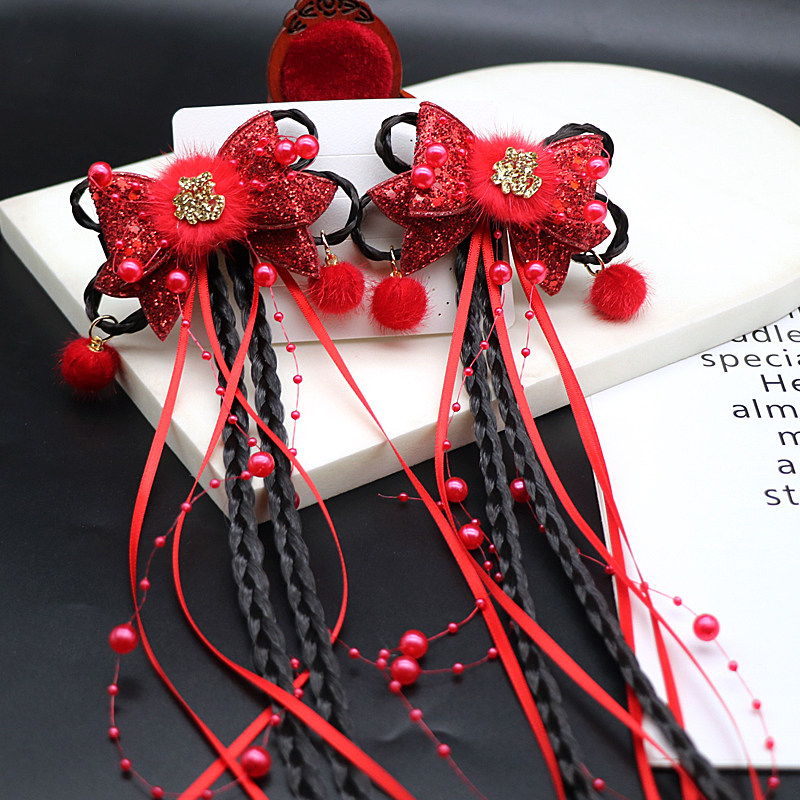 喜庆头花发饰女童汉服头饰女孩中国风儿童假发辫子红色蝴蝶结发夹,淘宝优惠券,粉丝福利购,淘宝优惠卷