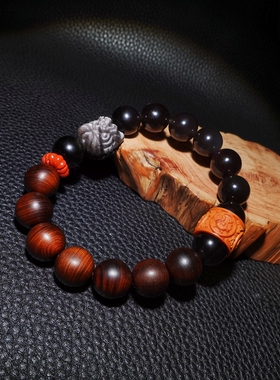 天然雷击崖柏银曜石祥狮守护手链