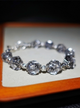 天然闪灵钻八角银饰手串幸运石