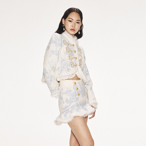 【明星同款】lefame拉飞姆约依印花针织开衫短款上衣女高级感 - 图0