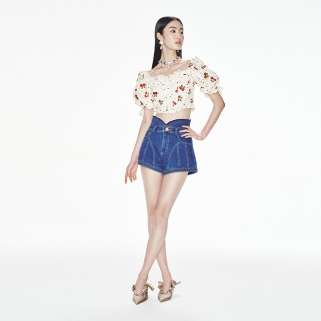 Lefame Lafayem Summer Cherry Beads Puff Sleeve Versatile Short Sleeve Printed Top for Little People
