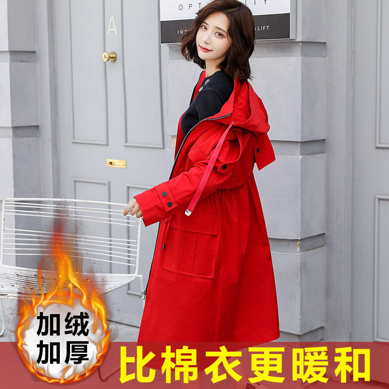 2020年流行新款秋天红色中长款风衣 含茜风衣