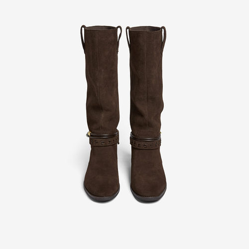 百思图2025冬季商场新款真皮西部牛仔靴堆堆靴女高筒长靴E5652DG5 - 图1