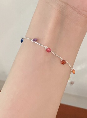 小清新925纯银圆形彩色锆石手链女素银显白小众设计ins简约甜美风