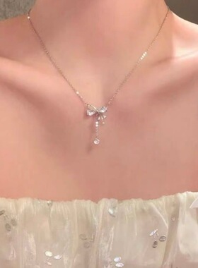 S925纯银蝴蝶结流苏锁骨链女