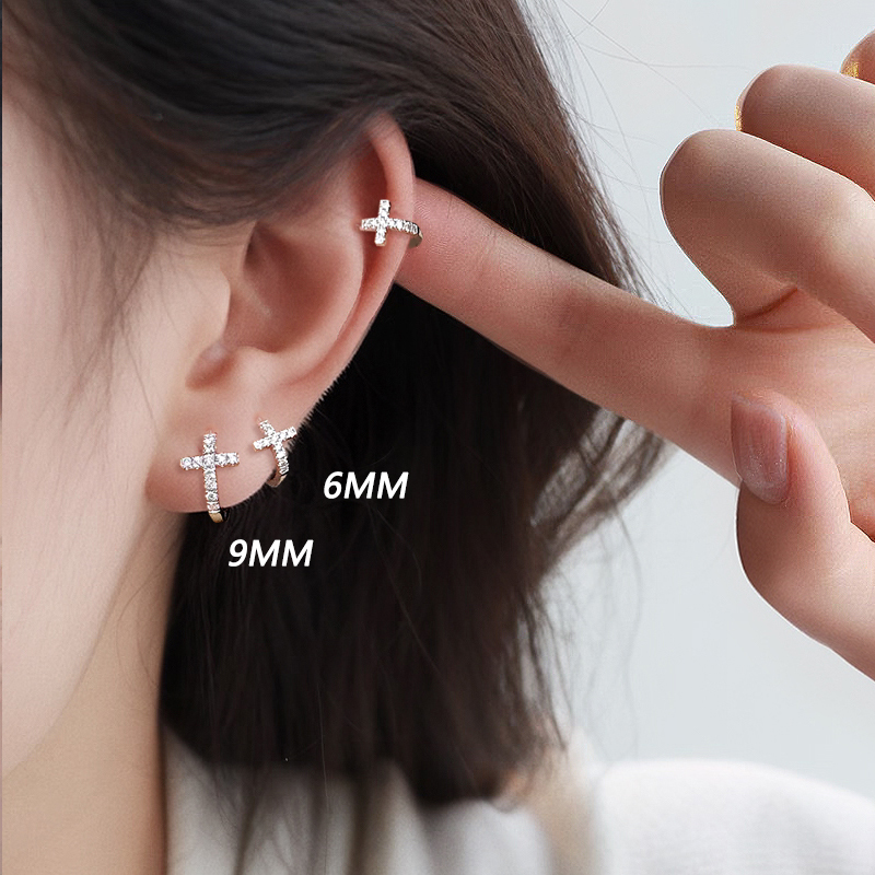 超闪镶钻十字架耳骨环女纯银针养耳洞边缘耳骨钉小耳圈耳扣耳环 - 图3