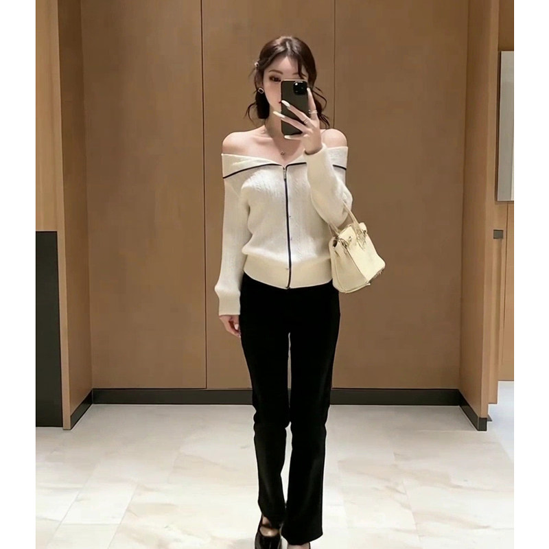 2026春秋新款开衫女一字肩拼色拉链针织韩系温柔性感百搭显瘦长袖,淘宝优惠券,粉丝福利购,淘宝优惠卷