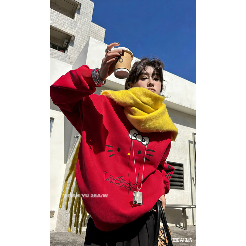 秋冬新款卫衣女2025圆领大头猫字母印花T恤中长款加绒情侣长袖潮,淘宝优惠券,粉丝福利购,淘宝优惠卷