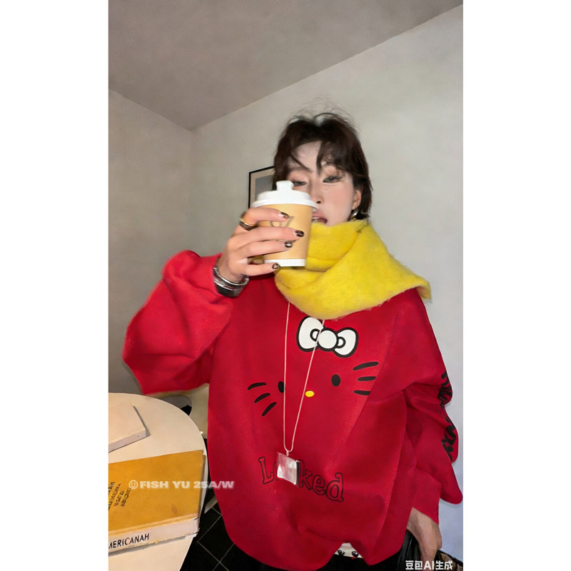 秋冬新款卫衣女2025圆领大头猫字母印花T恤中长款加绒情侣长袖潮,淘宝优惠券,粉丝福利购,淘宝优惠卷