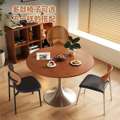 帕沙曼实木圆餐桌中古风小户型家用饭桌不锈钢小圆桌复古洽谈桌 - 图3