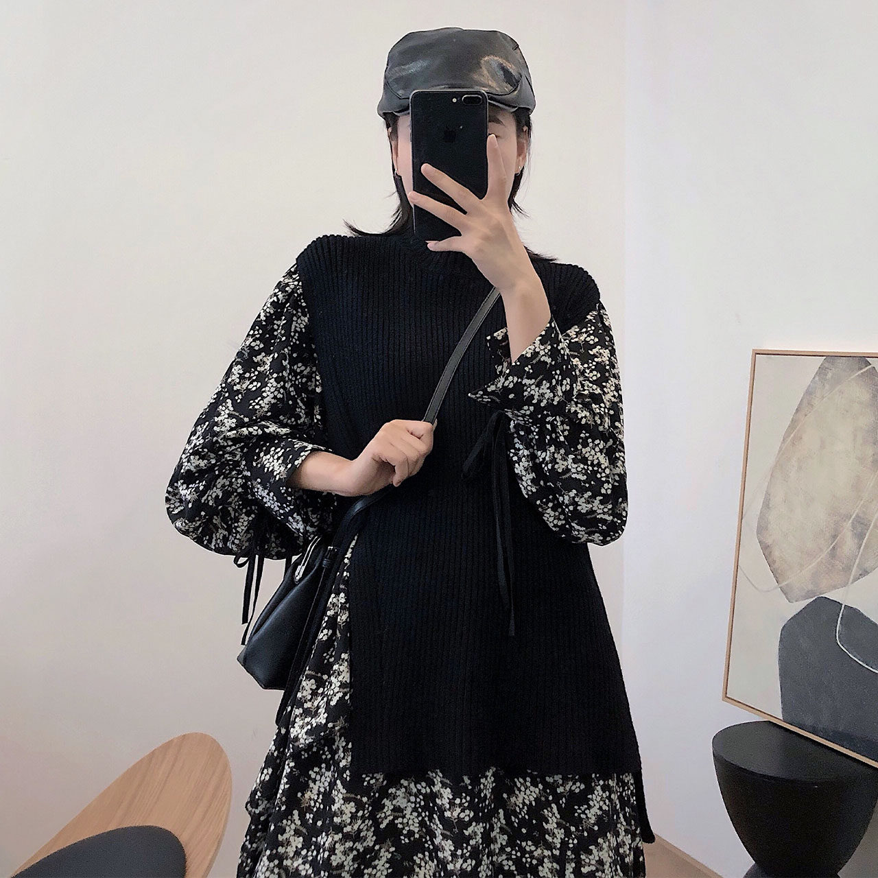 黑色赫本风长袖碎花女长款连衣裙 品秀俪人连衣裙