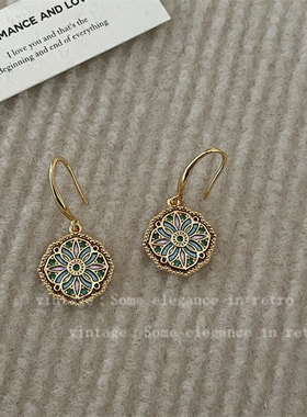 幸运圆盘莫奈花园中古风耳环女轻奢高级感耳坠耳钩爆款小众耳饰品