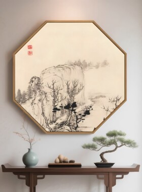 新中式玄关装饰画八边形入户茶室背景墙挂画禅意古风山水餐厅壁画