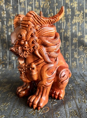 雷击枣木雕神兽饕餮摆件上古瑞兽白泽精工雕刻木质工艺品家居装饰