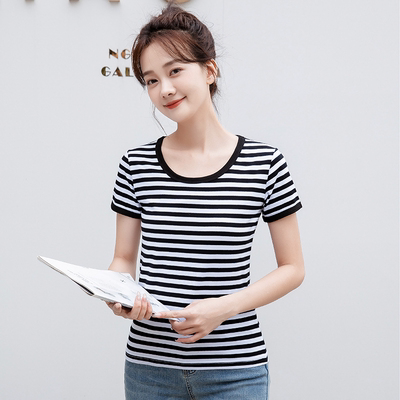 海魂衫女款夏季纯棉蓝色短袖情侣装 蓝白横条纹半袖宽松水手服t恤 - 图1