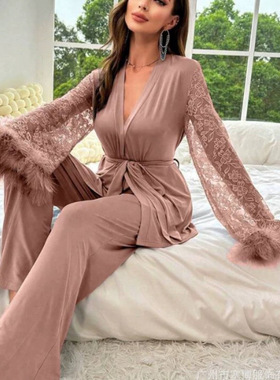 Women's sexy patchwork lace V-neck pajamas女拼接蕾丝v领睡衣