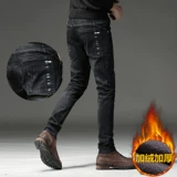 Демисезонные модные джинсы, трендовые черные утепленные штаны, свободный прямой крой
