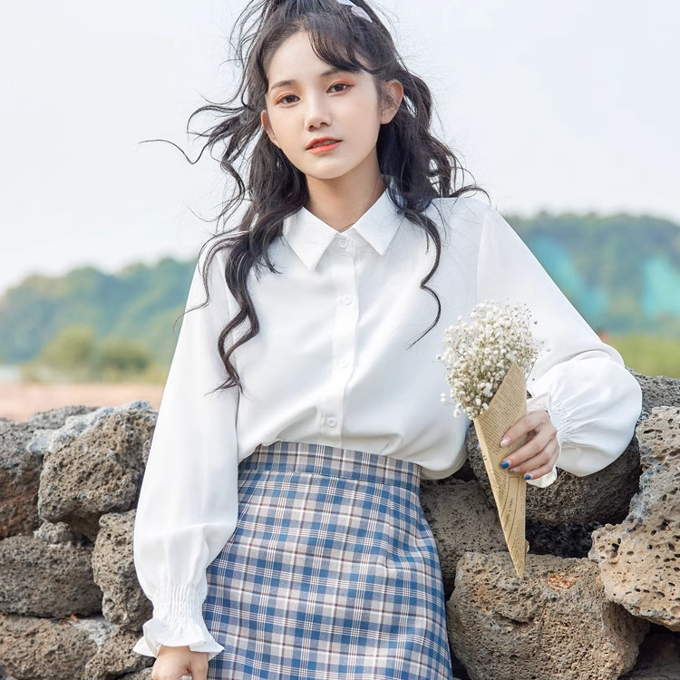 学院风白色衬衫女喇叭袖百搭打底衫长袖上衣春秋新款甜美衬衣潮,淘宝优惠券,粉丝福利购,淘宝优惠卷