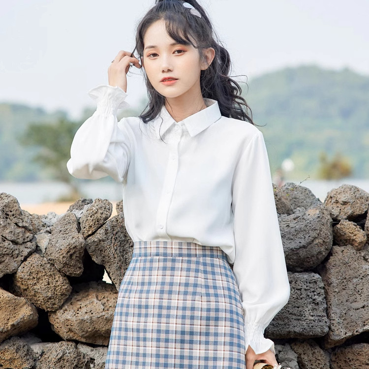 学院风白色衬衫女喇叭袖百搭打底衫长袖上衣春秋新款甜美衬衣潮,淘宝优惠券,粉丝福利购,淘宝优惠卷