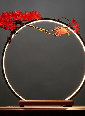 流水圆伽罗环形木头灯圈补光发光底座白酒水佛像手办直播背景摆件