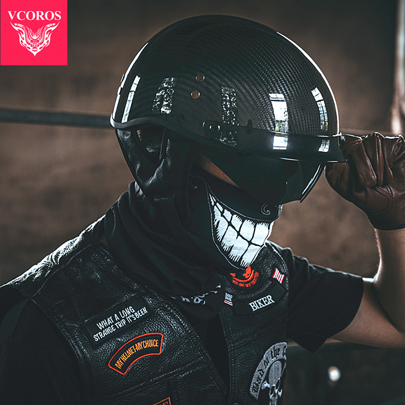 VCOROS碳纤维头盔男摩托车复古半盔女士夏季机车骑行瓢盔3C认证-图0