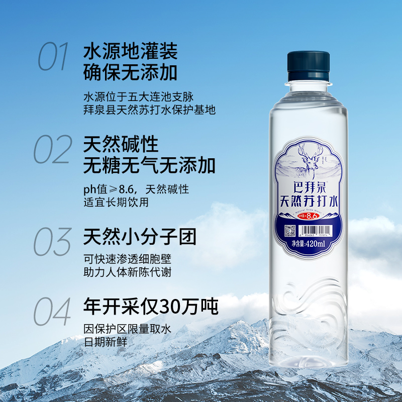 巴拜泉饮用天然苏打水420ml*12瓶整箱弱碱性矿泉水无糖无气-图0