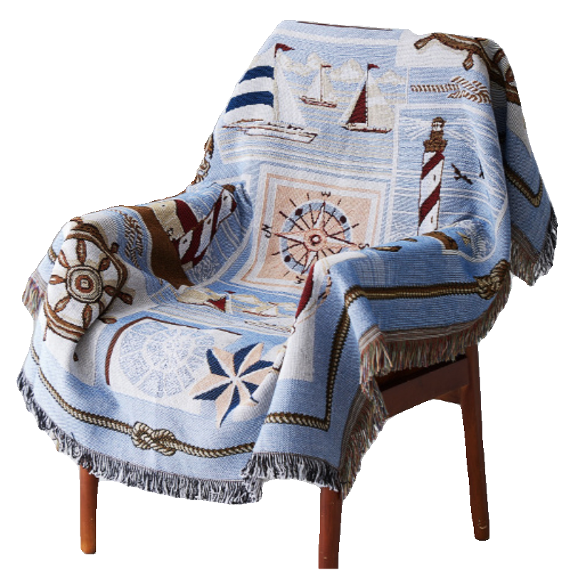 地中海风格布艺单双人沙发巾盖布四季沙发垫套罩全包沙发毯子蓝色