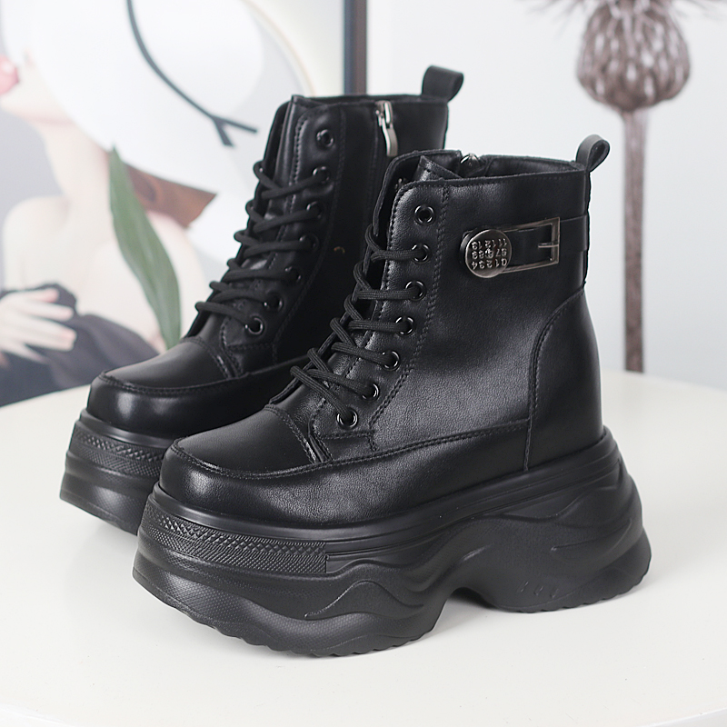 小个子超高跟12cm内增高马丁靴女洋气百搭松糕厚底休闲加绒短靴 - 图1