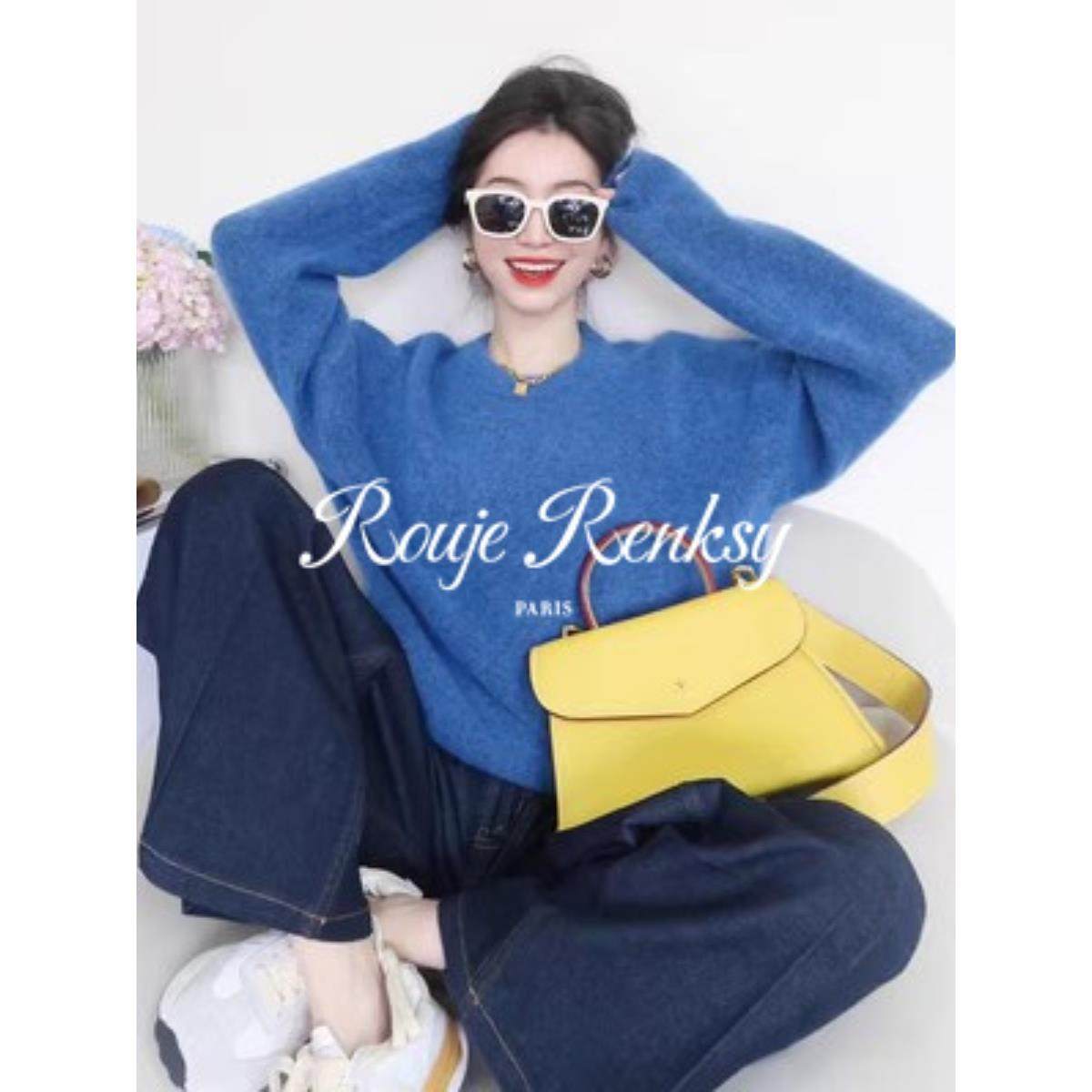 法国Rouje Renksy法式克莱因蓝马海毛毛衣女软糯温柔风针织衫春季,淘宝优惠券,粉丝福利购,淘宝优惠卷