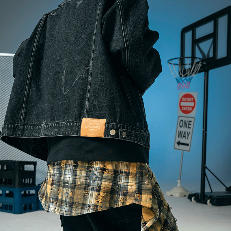 Makemore牛仔外套男重磅水洗复古压线美式街头宽松休闲黑色夹克女,淘宝优惠券,粉丝福利购,淘宝优惠卷