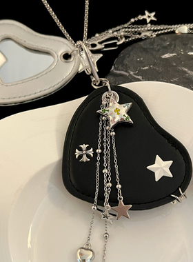 皮质爱心流苏小镜子吊坠项链长款