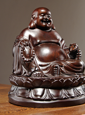 黑檀木雕弥勒佛像摆件实木坐莲笑佛家居客厅玄关装饰红木工艺礼品